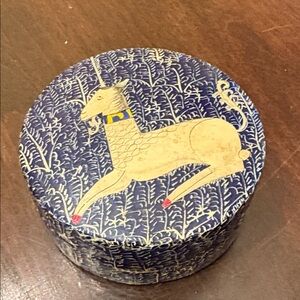 Vintage Kashmir India Lacquerware Box Lid Wood Hand Painted Unicorn Goat Blue